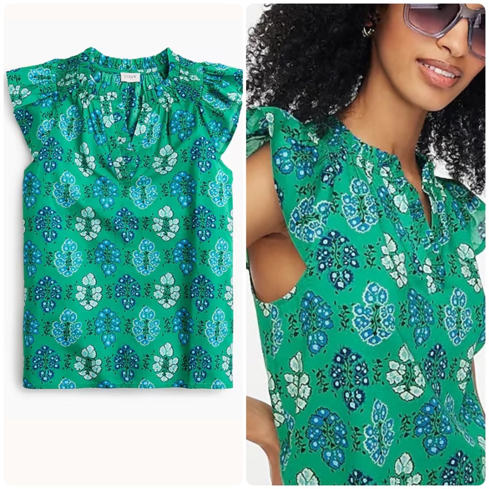 J.Crew Floral Printed Flutter-sleeve Top